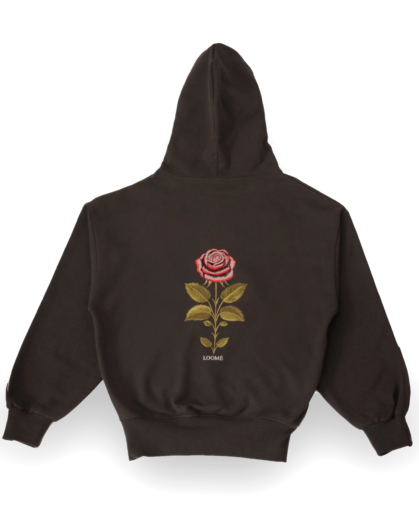 Nahaufnahme der Rückseite von Work 01 in Ash Grey (Grau): die gestickte Rose zwischen den Schulterblättern, LOOMÉ unter dem Stiel.