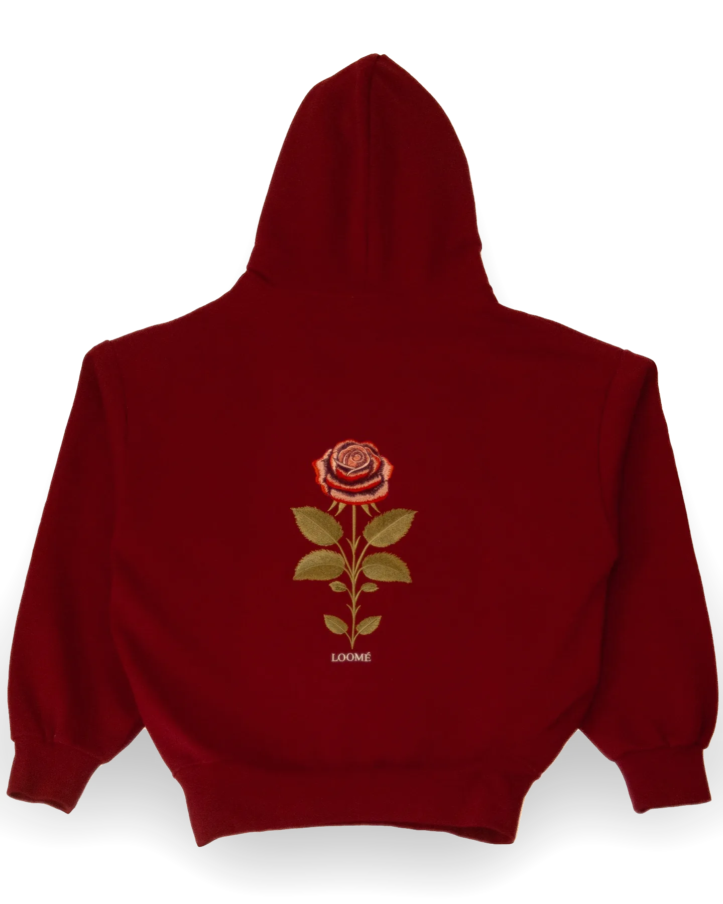 Gros plan sur le dos de Work 01 en Burgundy (bordeaux) : la rose brodée entre les omoplates, LOOMÉ brodé sous la tige.