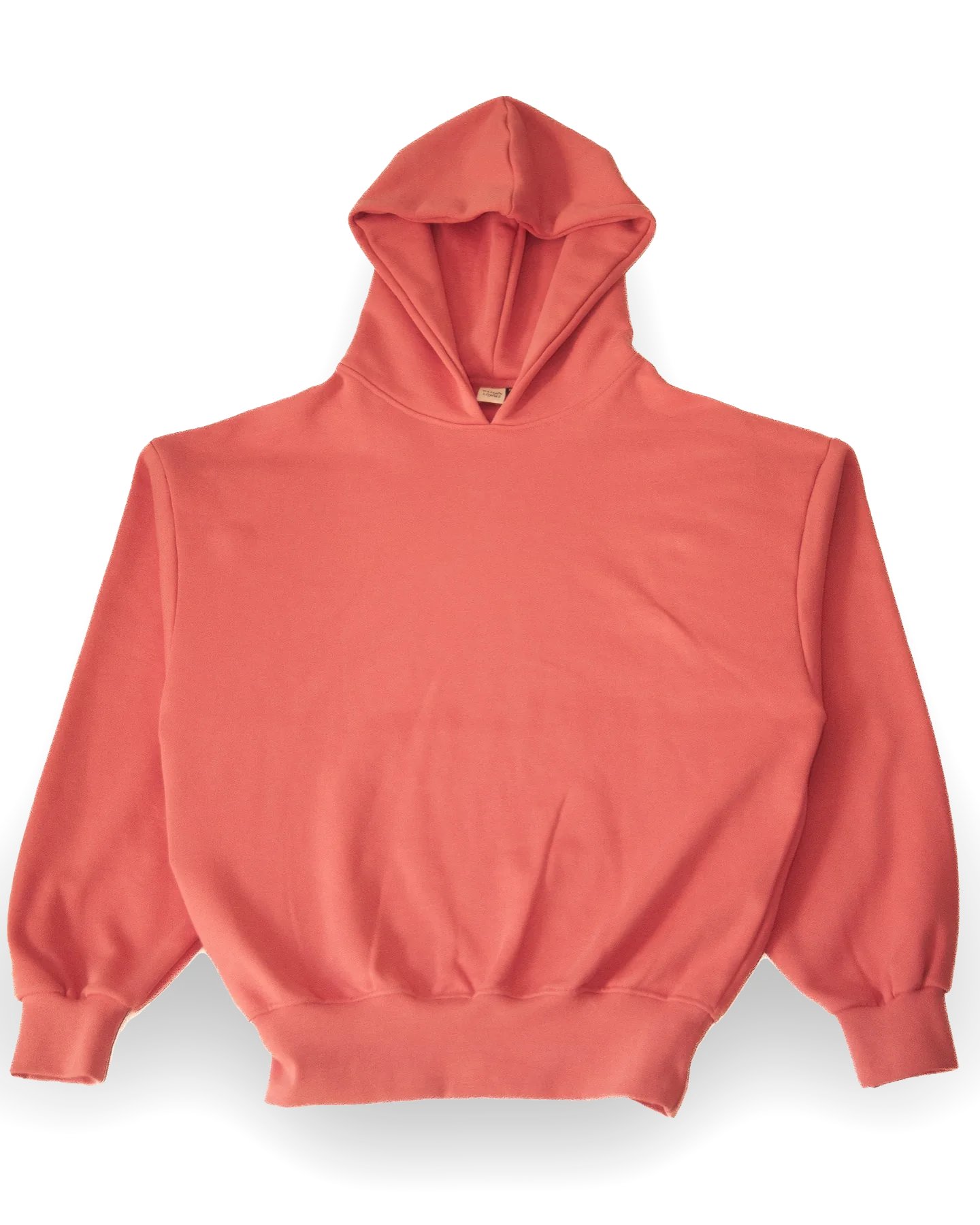 Work 01 in Bubblegum Pink (Rosa), flach auf Weiß liegend, von vorne gesehen. Die Kapuze liegt zurückgeklappt über den Schultern, die Vorderseite ist ein einziges klares Feld ohne Tasche und ohne Kordelzug, und die Bündchen raffen Saum und Ärmel eng zusammen.