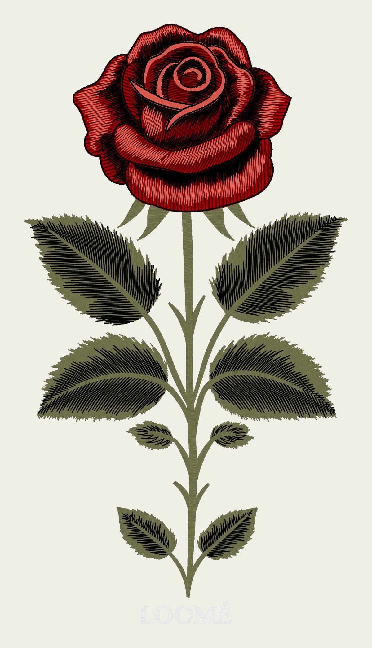 Die Stickerei Red Rose, gerendert aus der Produktionsdatei: eine rote Rose an einem langen Stiel mit olivgrünen Blättern, jeder Stich sichtbar.