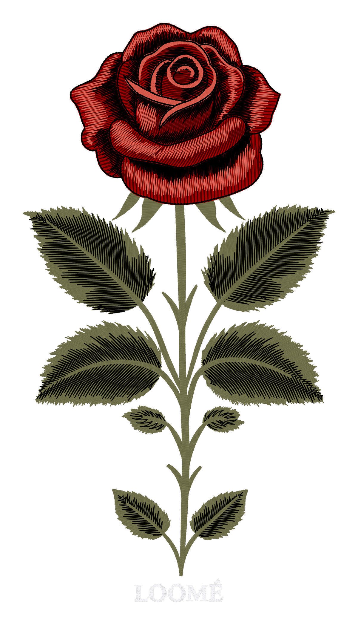 Die Stickerei Red Rose, gerendert aus der Produktionsdatei: eine rote Rose an einem langen Stiel mit olivgrünen Blättern, jeder Stich sichtbar.