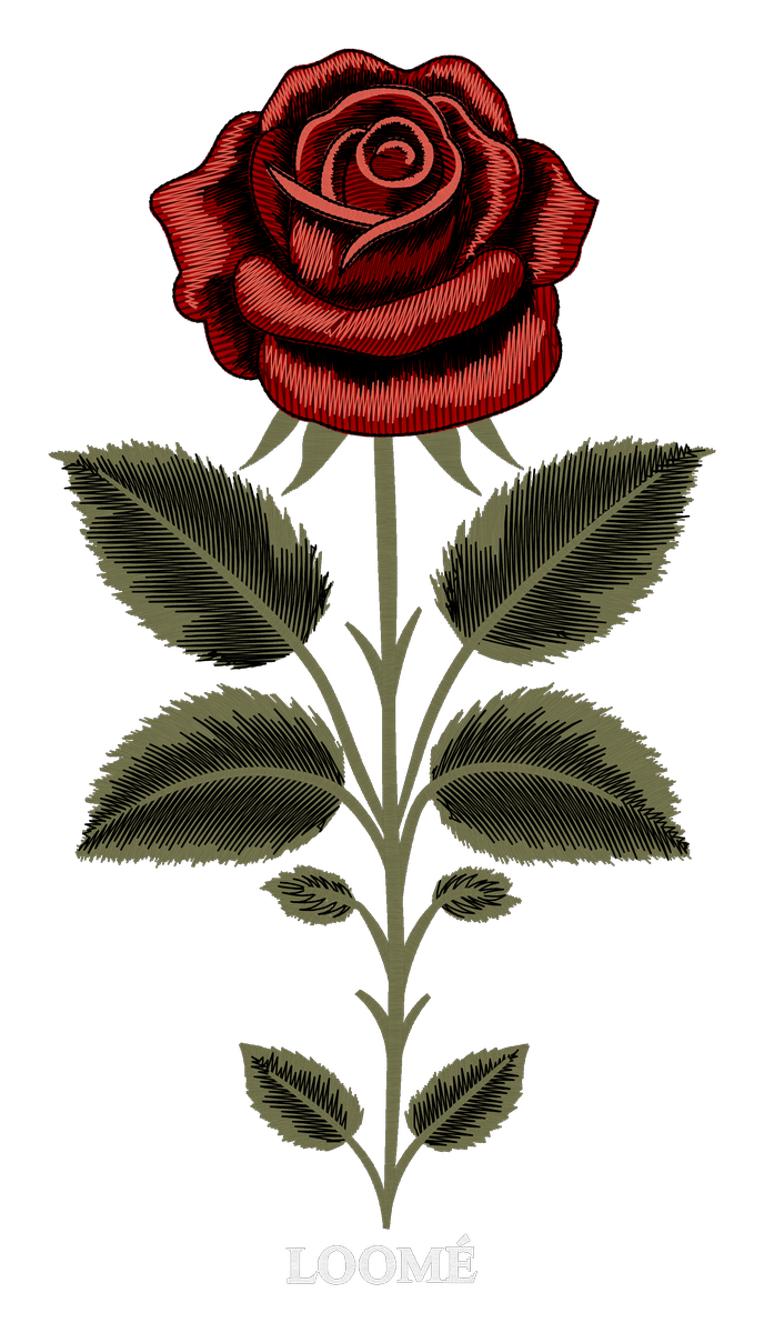 Die Red Rose, aus der Stickdatei in Farbe auf Creme gezeichnet: eine rote Blüte an einem langen Stiel mit sechs Blättern in Khaki und Schwarz, darunter LOOMÉ in Weiß.