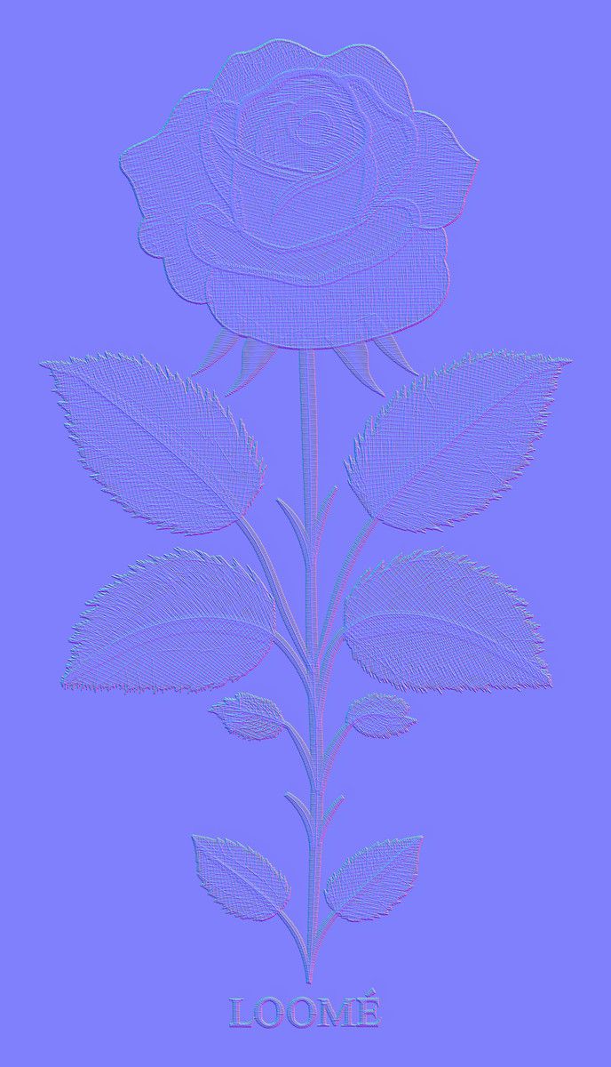 Dieselbe Rose als Normal-Map, in Violett und Blau, wobei die Farbe jedes Stichs seine Richtung angibt.